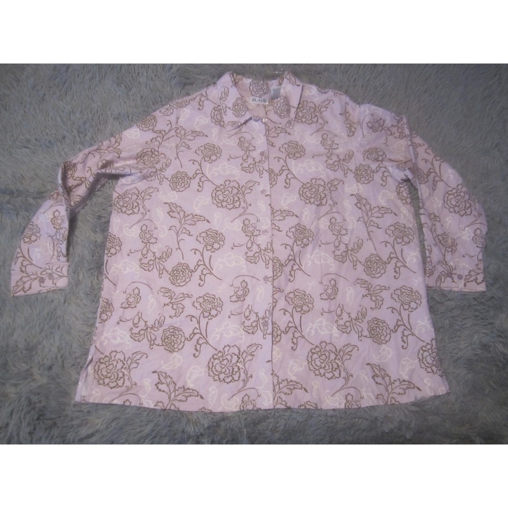 Blair Blouse Womens 3XL Plus Purple Cotton Floral Button Front Long Sleeve Top